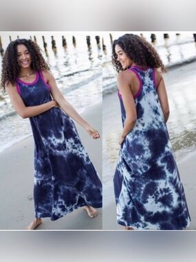 NATURAL LIFE Tie-Dye Willow Dress - Navy and White Maxi Dress with Pink Trim